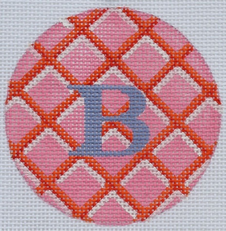 Bright Disk Letter – Pink w/ Orange, Red & White Criss Cross, Periwinkle Letter (Specify Letter Or Blank) ALB-33