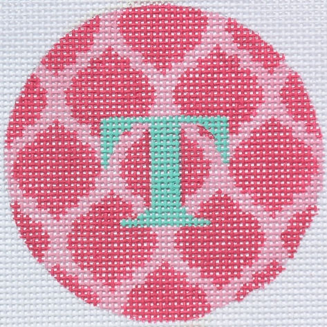 Bright Disk Letter – Pinks Quatrefoil Damask, Turquoise Letter (Specify Letter Or Blank) ALB-26
