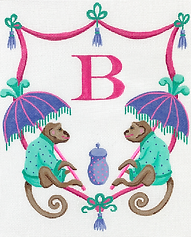 Monogram Crest – Monkeys w/ Parasols – Pinks, Purples & Turquoise (Specify Letter Or Blank) ALCR-06