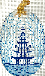 Mini Chinoiserie Pumpkin – Tall & Thin w/ Pagoda & Vines – White w/ Blues & Golds OM-339