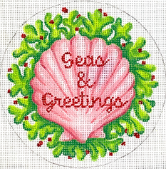 Christmas Ornament – “Seas & Greetings” Pink Scallop On Green Seaweed w/ Red Berries XM-154