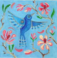 Blue Bunting w/ Japanese Magnolia On Bright Sky Blue        AT-PL-16