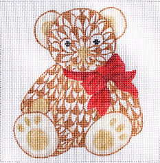 5” Square Insert – Herend-Inspired Teddy Bear w/ Bow – Brown w/ Red Ribbon INS5-01