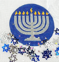 Hanukkah Round w/ Clear Dome & Confetti – Silver Menorah – On Deep Blue JMD-04