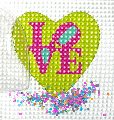 Heart Mini w/ Clear Dome & Confetti – Robert Indiana Love – Pink & Turquoise On Lime       OMD-55