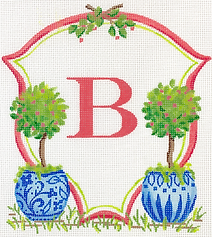 Monogram Crest – Topiaries w/ Coral Berries In Chinese Pots (Specify Letter Or Blank) ALCR-15