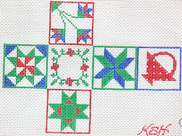 Christmas Ornament – Cube w/ Quilt Patterns #1 – Red, Blue & Green XMCU-01
