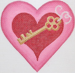 Valentine Mini Heart – Heart With Key & Ribbon – Pinks, Red, Silver & Gold OM-252
