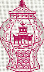 Mini Chinese Vase – Tall Raspberry & White w/ Pagoda & Flowering Branches OM-332