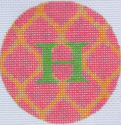 Bright Disk Letter – Watermelon & Tangerine Quatrefoil Damask, Green Letter (Specify Letter Or Blank) ALB-32