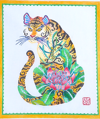 Decorative Tiger w/ Pink Peony, Leaves & Yellow & Green Border GM-PL-05