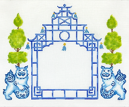 Chinoiserie Letter – Pagoda w/ Foo Dogs & Topiaries – Lues w/ Greens (Specify Letter Or Blank) ALCN-10