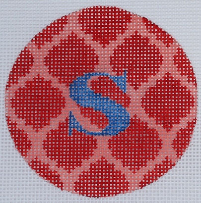 Bright Disk Letter – Reds Quatrefoil Damask, Marine Blue Letter (Specify Letter Or Blank) ALB-59
