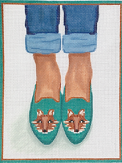 Here’S Looking At Shoe – Needlepoint Fox Head Loafers – Tans On Teal PL-473