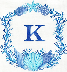 Monogram Crest – Coral & Shells – All In Shades Of Blue (Specify Letter Or Blank) ALCR-27