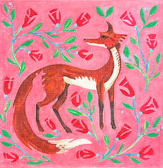 Fox w/ Pink Flowers On Bright Coral Pink        AT-PL-13