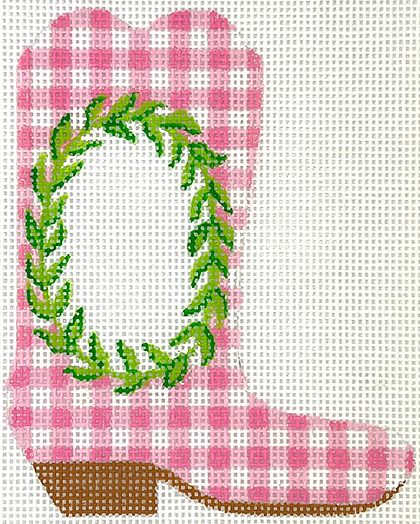 Mini Cowgirl Boot – Greenery Wreath On Pink Gingham w/ Monogram Space OM-388