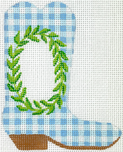 Mini Cowgirl Boot – Greenery Wreath On Blue Gingham w/ Monogram Space OM-389