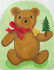 Christmas Ornament – Victorian Teddy Bear w/ Red Bow, Bell & Tree – On Light Green XM-25