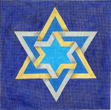 Tefillin Bag – Double Interlocking Star Of David – Golds & Silvers On Deep Blue TEF-02
