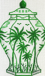 Mini Chinese Vase – Tall Green & White w/ Palm Trees & Coconuts OM-336