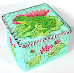 Limoges Box – Lg. Square Frog & Water Lilies – Greens, Pinks & Caribbean (Gold Clasp) BXLSQ-01