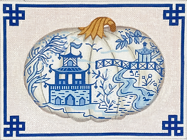 Chinoiserie Porcelain Pumpkin w/ Chinese Border & White Background – Blues & Gold PL-533
