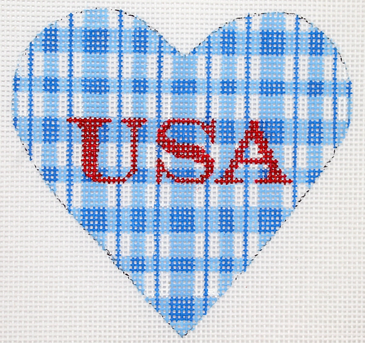 Mini Heart – Patriotic Blue & White Plaid w/ USA In Sparkly Red OM-231