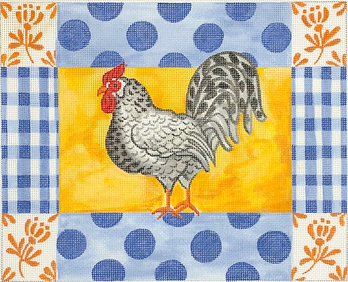 Rooster With Blue Polka Dots, Gingham And Orange Damask Flowers KR-PL-13
