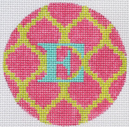 Bright Disk Letter – Hot Pink & Lime Quatrefoil Damask, Deep Turquoise Letter (Specify Letter Or Blank) ALB-69