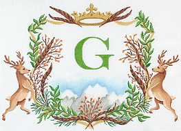 Monogram Crest – Stags w/ Pheasant Feathers, Berries, Mountains & Crown (Specify Letter Or Blank) ALCR-03