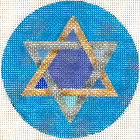 Hannukah Round – Star Of David – Mixed Blues, Golds, Silvers On Bright Blue Background JM-10