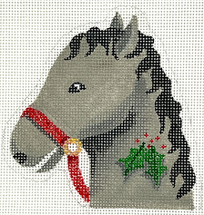 Christmas Ornament – Horse w/ Holly Candy Cane Holder – Gray & Black XM-193