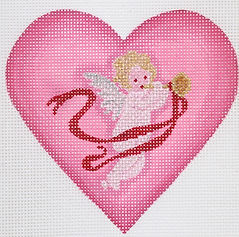 Valentine Mini Heart – Cherub With Horn & Ribbon – Pinks, Red, Silver & Gold OM-254