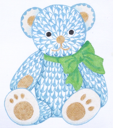 Herend-Inspired Fishnet Teddy Bear – Blue w/ Gold & Green Ribbon SST-43
