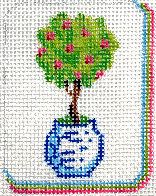 Mini/Bag Charm – Mahjong Tile – Topiary In Blue & White Pot        OM-458