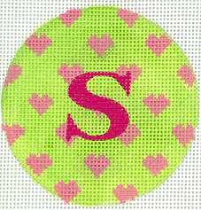 Bright Disk Letter – Allover Pink Hearts On Lime With Fuchsia Letter (Specify Letter Or Blank) ALB-86