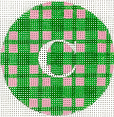 Bright Disk Letter – Madras Plaid – Kelly Greens & Bright Pink w/ White Letter – (Specify Letter Or Blank) ALB-92
