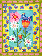 Blue Bird On Flowers w/ Double Border – Blue Flowers On Yellow & Pink Half Moons On Green JE-PL-01