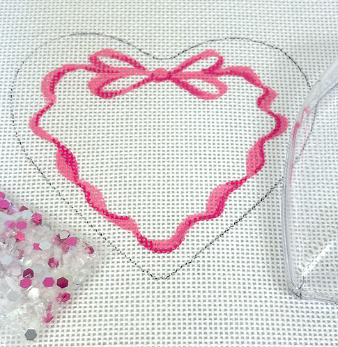 Heart Mini w/ Clear Dome & Confetti – Pink Ribbon w/ Monogram Space       OMD-58