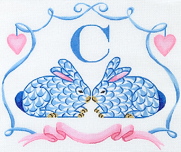 Monogram Crest – Fishnet Crouching Bunnies w/ Hearts & Ribbon – Blues w/ Pinks (Specify Letter Or Blank) ALCR-10