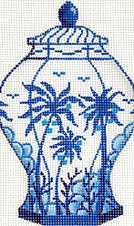 Mini Chinese Vase – Tall Blue & White w/ Palm Trees OM-328