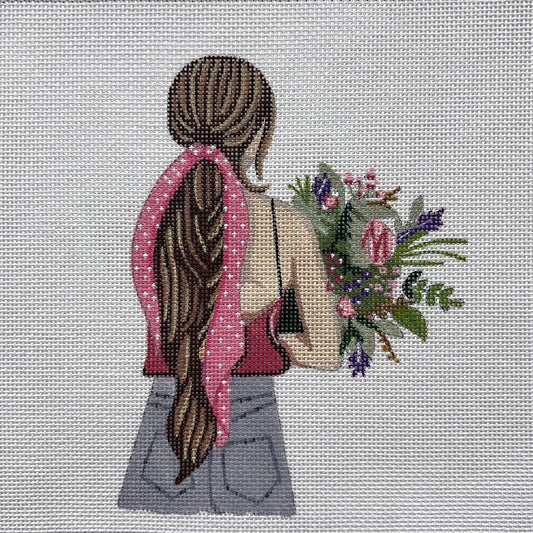Girl With Pink Ribbon & Bouquet 4732