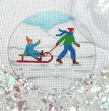 3” Round w/ Clear Dome & Confetti – Child Pulling Toddler On Sled In Snow OMD-10