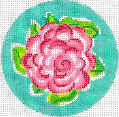 3” Round – Lilly-Inspired Rose – Pinks & Greens On Turquoise INSL3-52