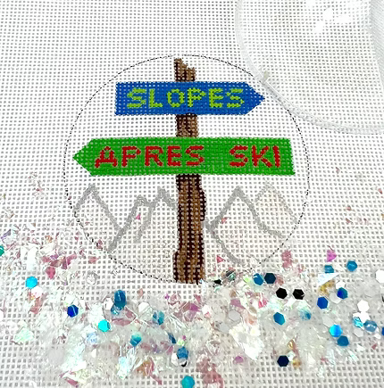 3” Round w/ Clear Dome & Confetti – Slopes & Après Ski Signpost Over Sparkly White Slopes OMD-05
